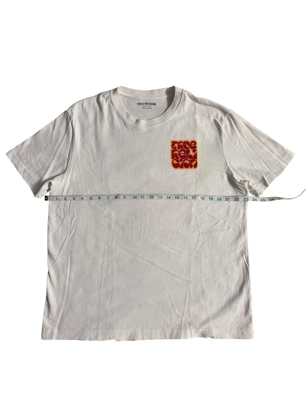 True Religion Cream Short-Sleeve Tee with Retro Chest Graphic